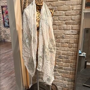 Linen embroidered White and Silver Scarf